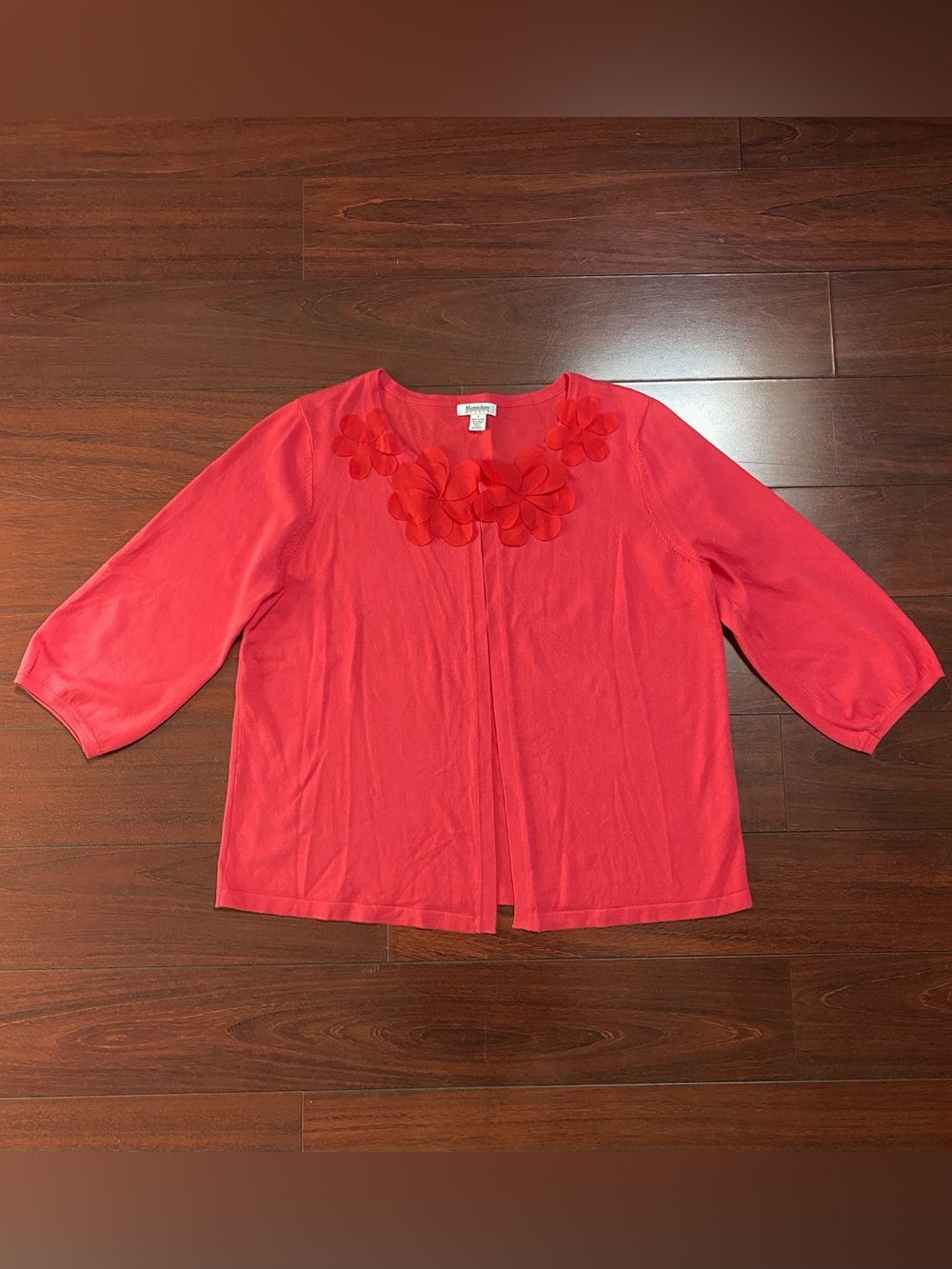 Hampshire Studio Coral Pink Floral Applique Cardigan 4 Clasp Closure ¾ Sleeve L